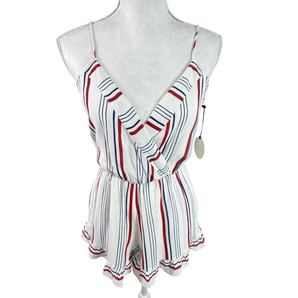 Tularosa Women's XS Amelia Romper Red Striped‎ Crossover Ruffle Hem NWT